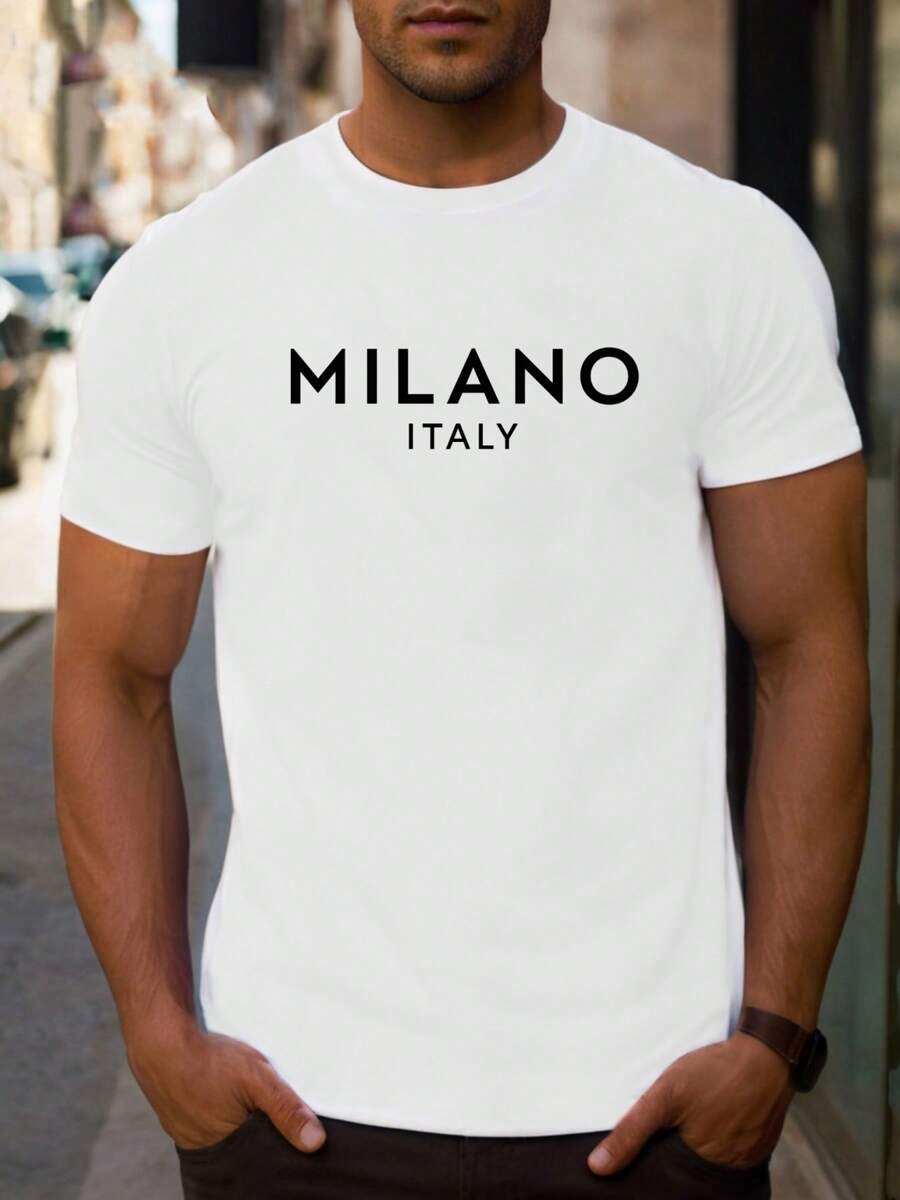 Camiseta informal con estampado de letras MILANO ITALY para hombre, 1 pieza, 220 g/m², cuello redondo, algodón puro grueso