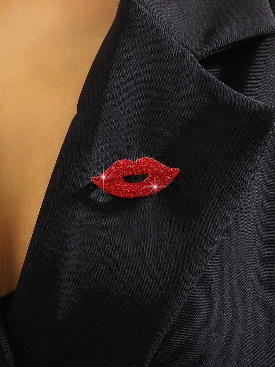 1 Stück luxuriöse Kristall-verzierte rote Lippen Brosche, Metall Anstecknadel als Anzug-Accessoire für Schule