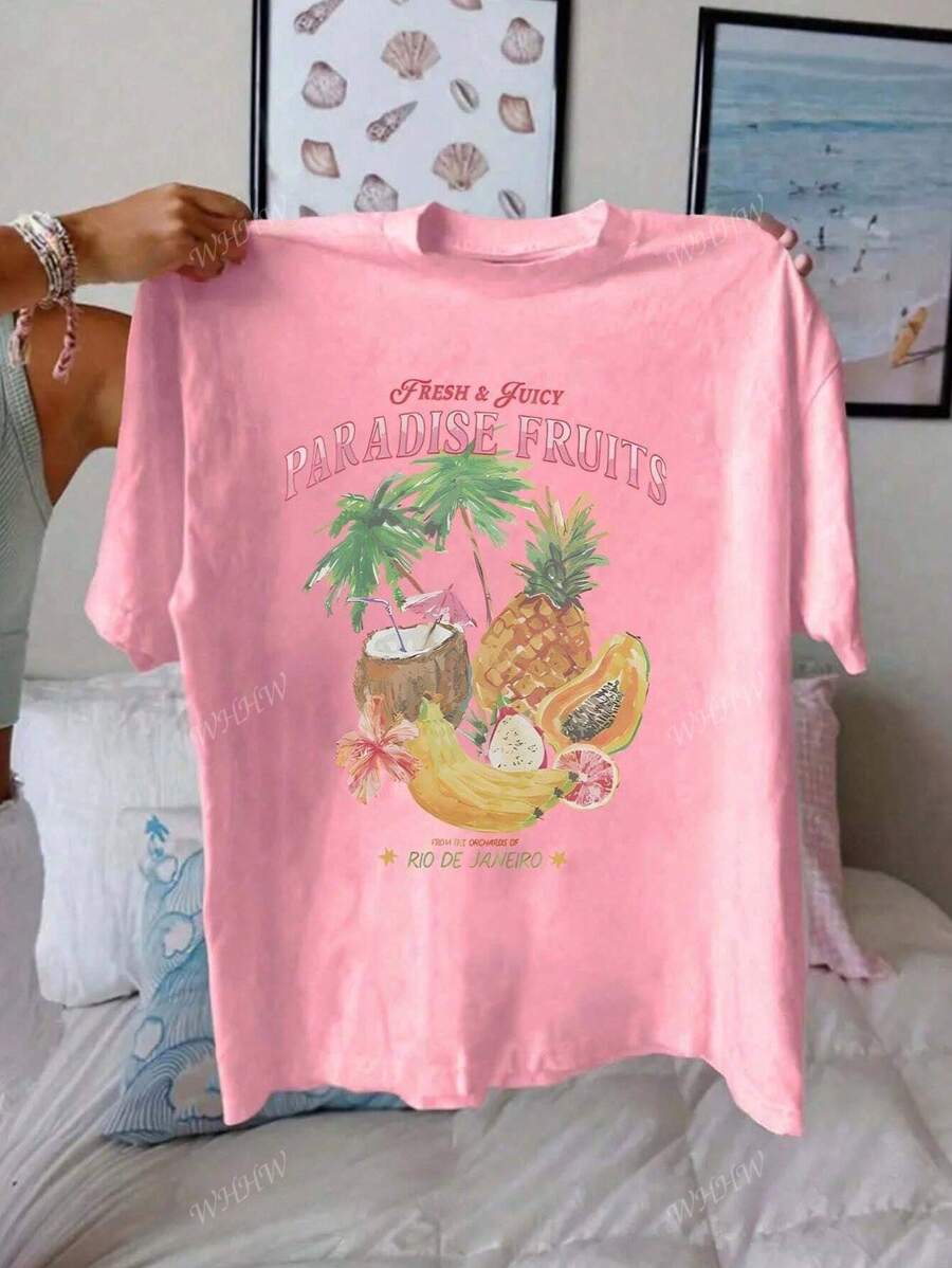 Plus Size Women's New Round Neck Short Sleeved Summer T-Shirt, Featuring Casual Fruit Pattern Printed , With A Sweet And Gentle Elegant, Slim Fit And Comfortable Summer Tops, Suitable For Daily Casual Wear, Graphic Tees Plus Size Women, Summer For Plus Size Women