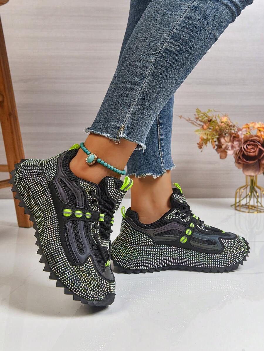 Women's Contrast Color Patchwork Breathable Anti-Slip Rhinestone Chunky Sole Serrated Platform Sneakers, Unique Design, Casual Sports Shoes, Fashion & Comfortable Versatile, Suitable For All Seasons, College Style Chunky Sneakers