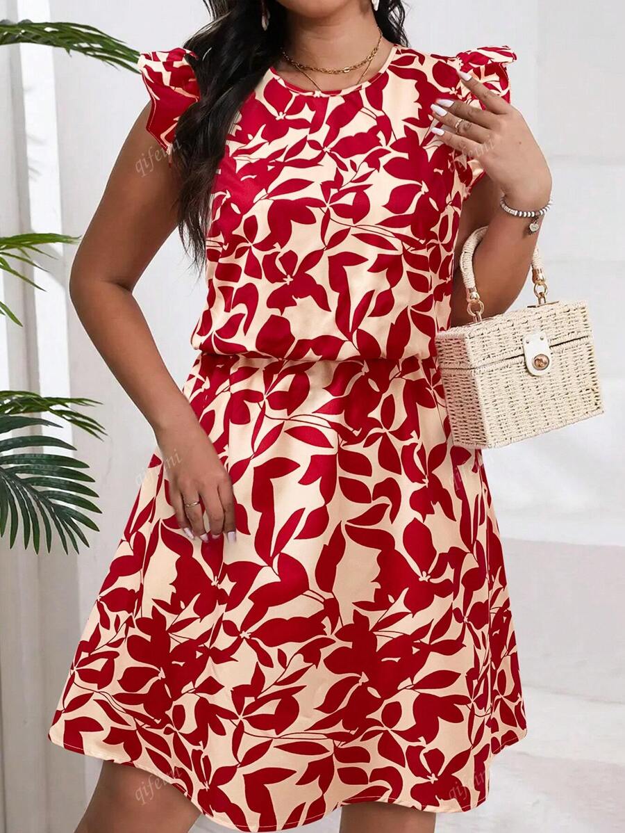 Women's Plus - Size Summer Leaf Print Dress, Flutter Sleeve Round Neck, Perfect Vacation Outfits Women, Flowy Dress Summer For Beach & Casual, Essential Summer Clothes With Chic Pattern