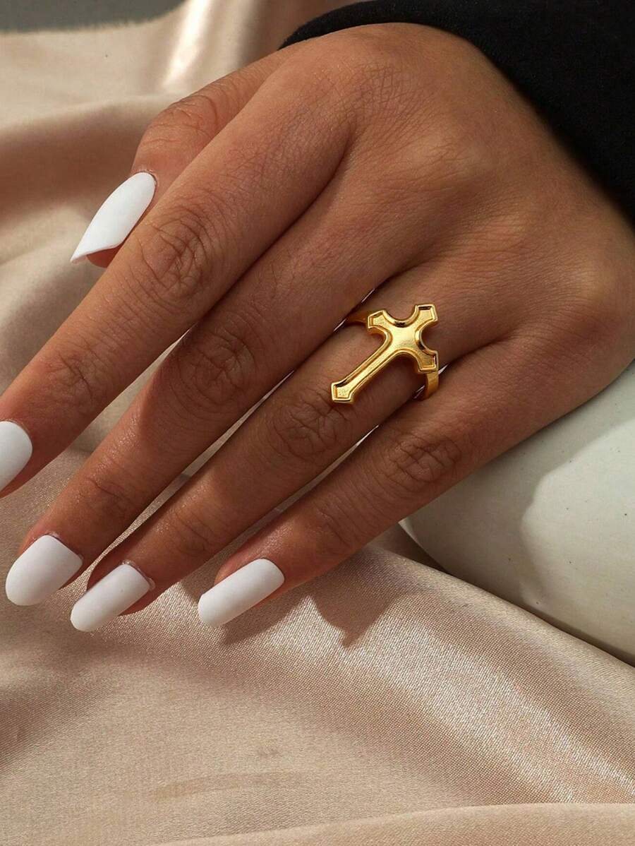 1 pièce Bague design croix en acier inoxydable à la mode, convenant aussi bien aux hommes qu'aux femmes pour un port quotidien