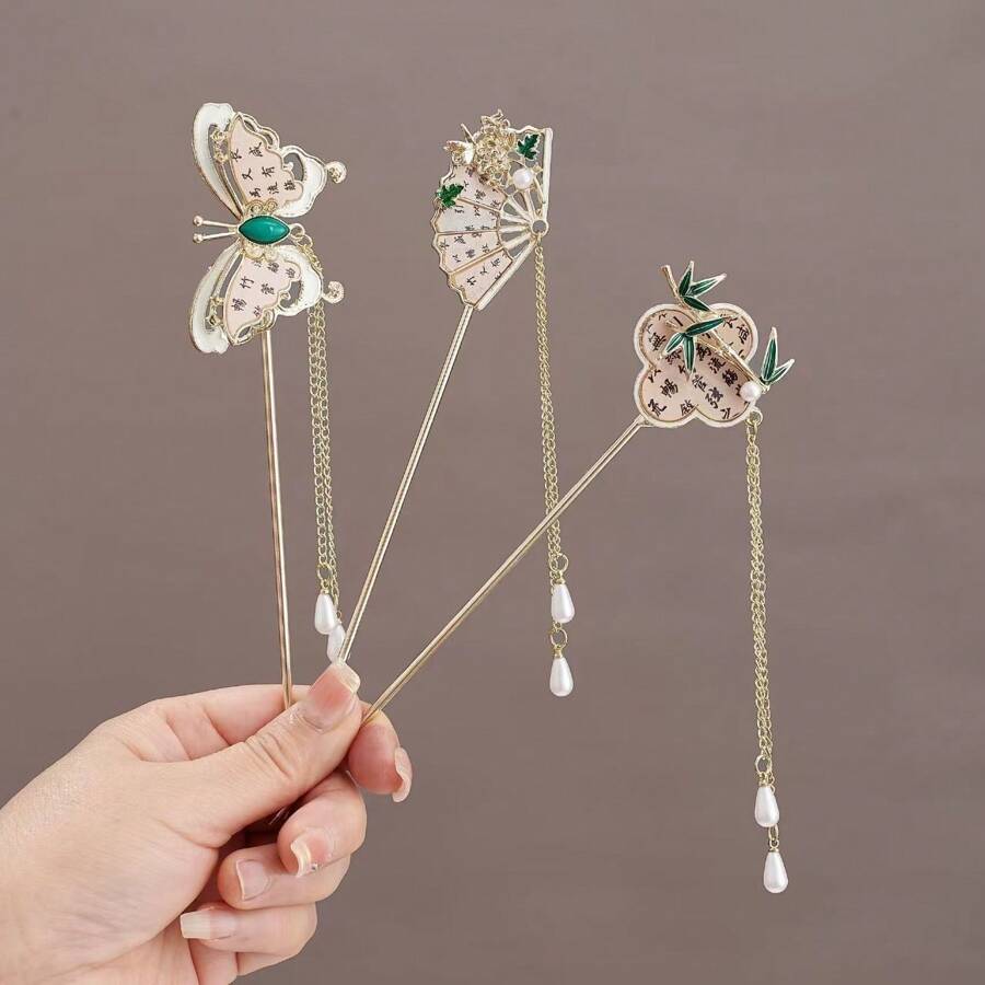1pc Vintage Chinese Character & Butterfly Decorative Folding Fan Hair Clip, New Chinese Style Peony Tassel Hairpin, Elegant Classical Hair Accessory