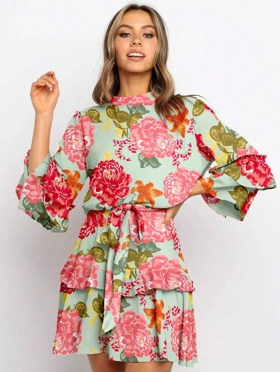 1pc Women's Floral Print Round Neck 3/4 Sleeve Double Layer Ruffle Waist Tie Short Dress, Bohemian Dress, Hawaiian Style, Graduation Party, Concert
