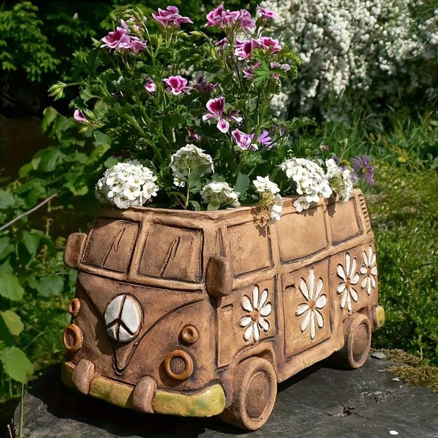 1pc Mini Vintage Hippie Style Resin Flower Pot, Indoor/Outdoor Decorative Creative Planter, Multi-Functional Room Decor, Car Model, Garden Decor, Desktop Planter