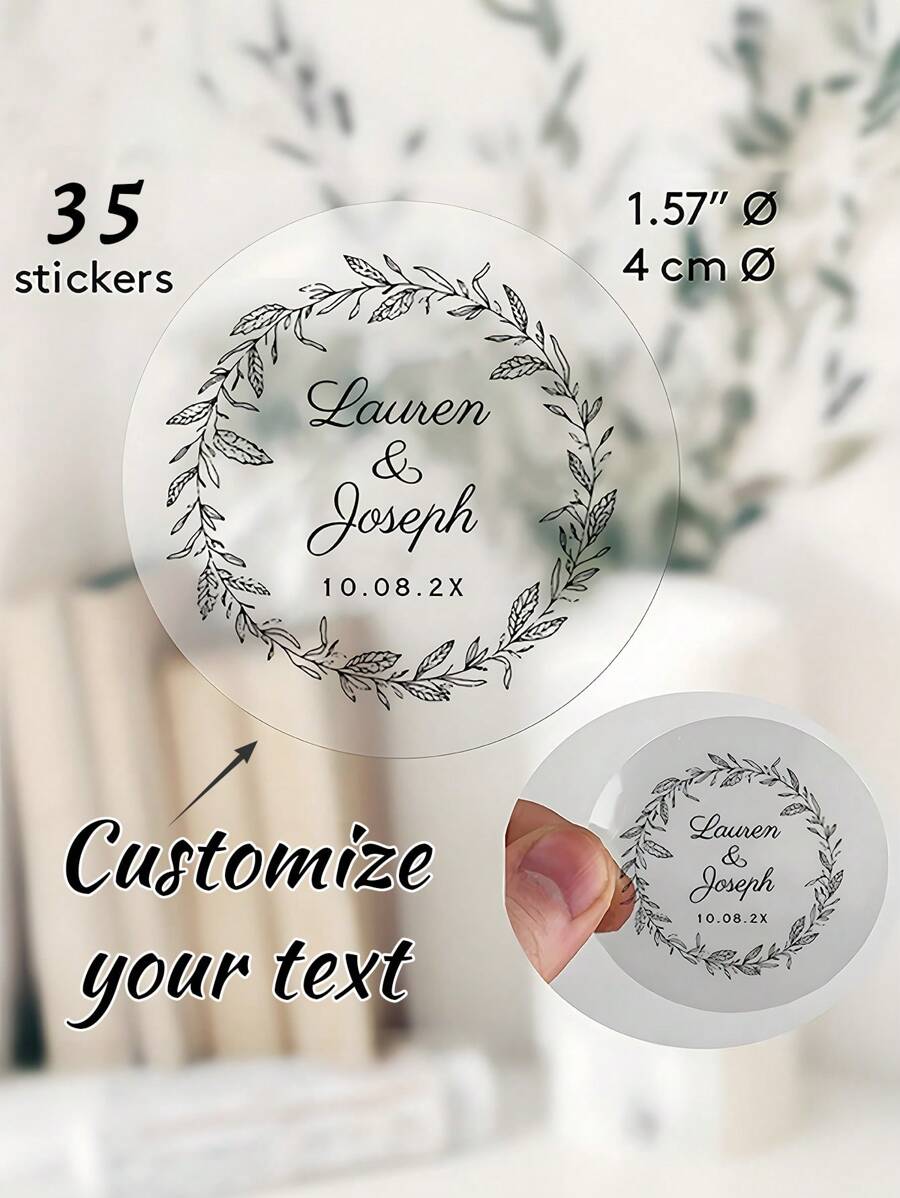 35pcs Personalized Carbon Black Transparent Vinyl Stickers For Simple -6 Styles,Customization Of Leaf Initials Handwritten Circular Wedding Personalized Stickers For Baptism Preferences, Parties, And Wedding Decorations, Black Custom Stickers 40mm School Supplies,Back To School