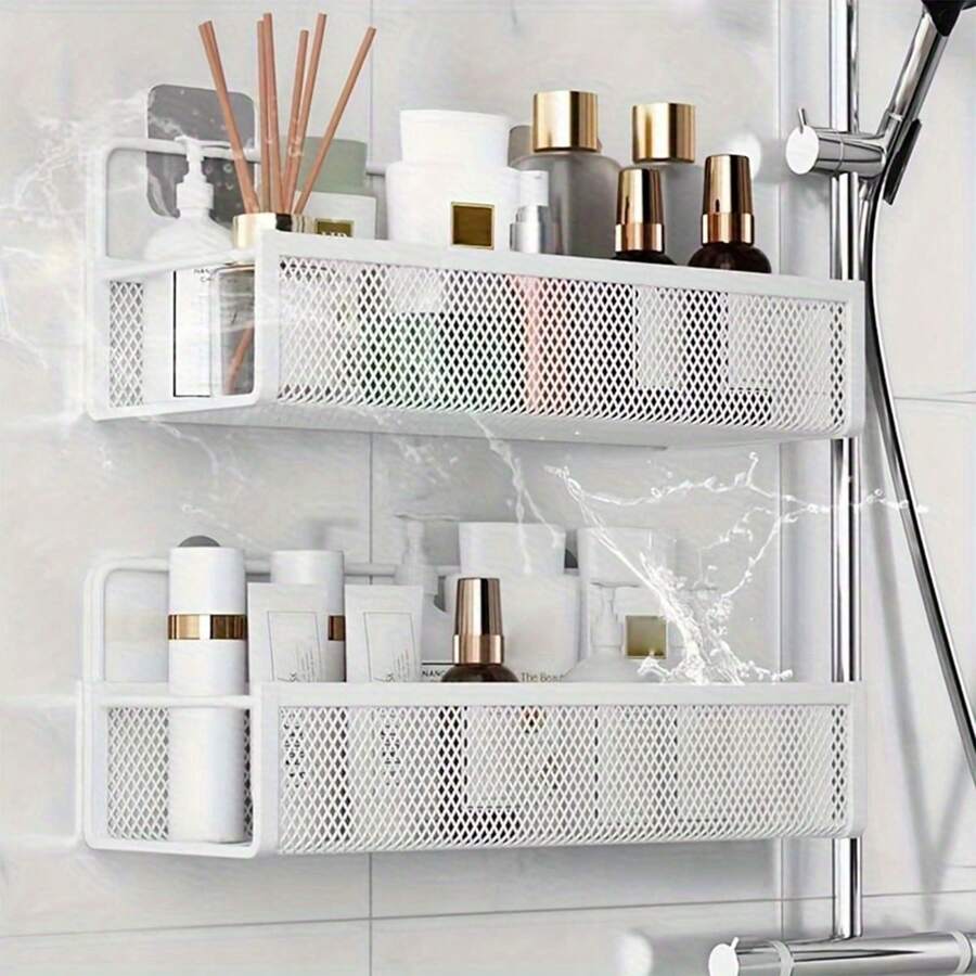 Stainless Steel Wall-Mounted Organizer Basket For Bathroom, Kitchen, And Shower - Self-Adhesive, Space-Saving Design With Multiple Shelves For Toothbrushes, Cosmetics, And More, Bathroom Storage Modern Bathroom Accessory Durable Construction, Bathroom Organizer Rack Bathroom Accessories Back To School