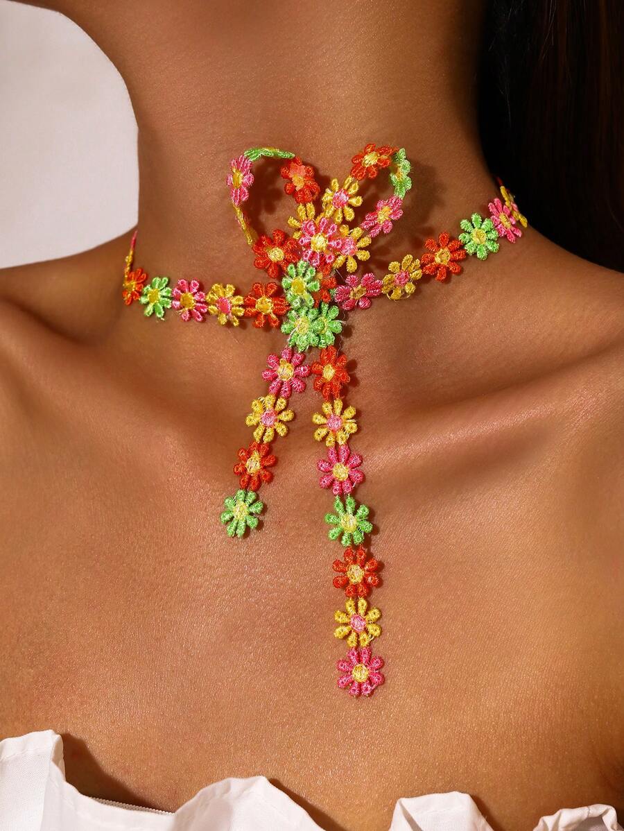1pc Colorful Daisy Bowknot Choker Necklace, Versatile For Women, Summer
