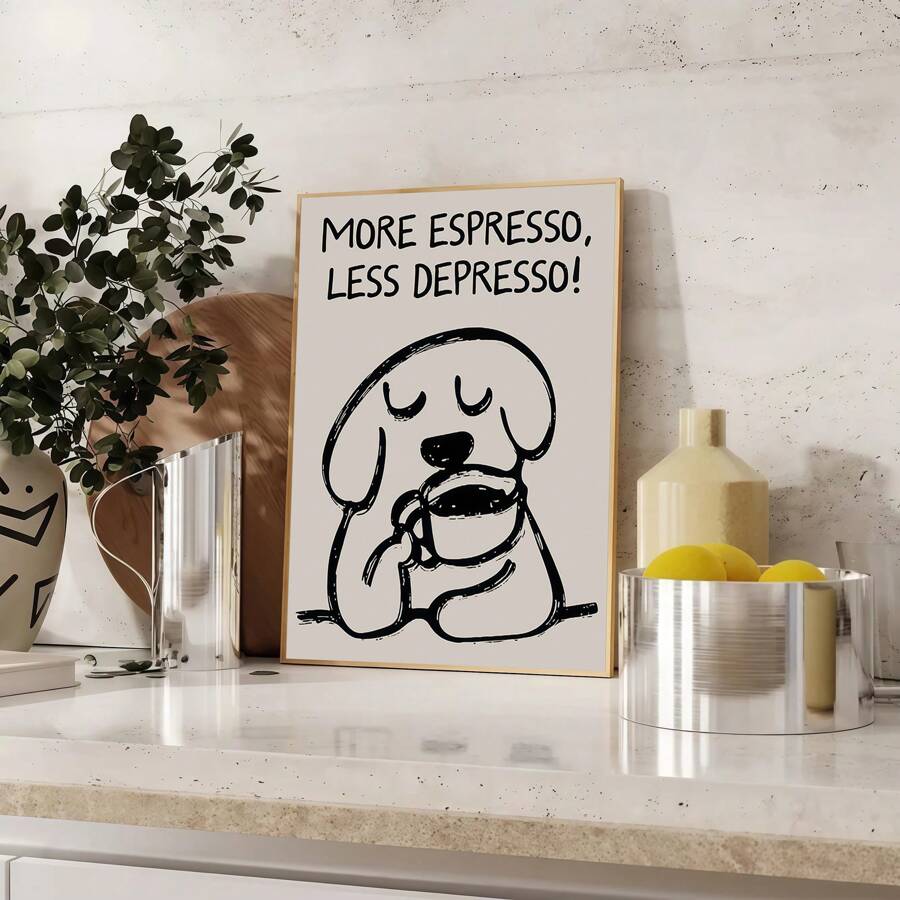 1pc Retro-Style "More Espresso, Less Depression" Interesting Dog Drinking Coffee Art Canvas Printed Posters - Modern Wall Arts Decorative Paintings, Suitable For Living Room Decor, Bedroom Decor, Kitchen Decor, Corridor Decor, Room Decor Modern Wall Decor And Home Decor - Unique Gift Creativity For Coffee Lovers | Minimalist Poster