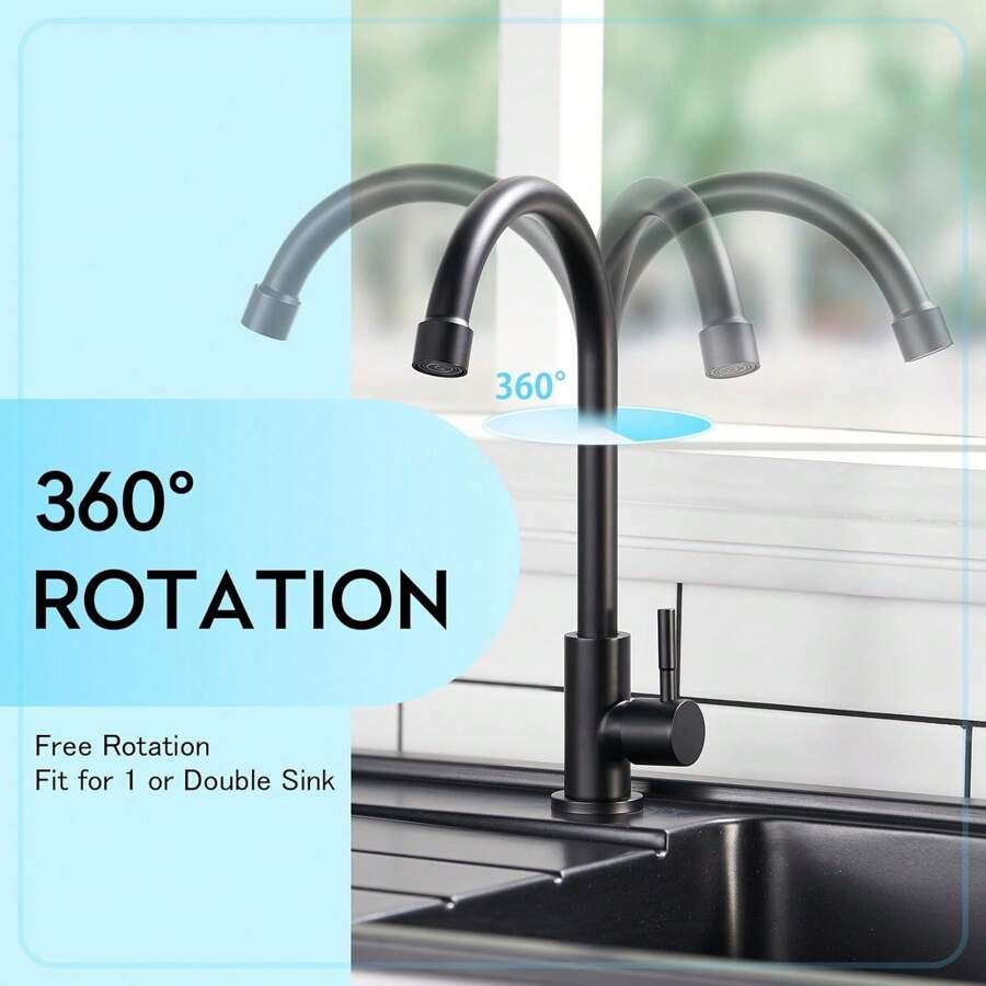1 Pezzo Rubinetto da cucina in acciaio inossidabile - Rubinetto singolo a freddo montato sul piano, rotazione a 360°, maniglia singola, aeratore a risparmio energetico, finitura nera resistente alla ruggine, facile installazione per lavandino/top, installazione da piano, design contemporaneo