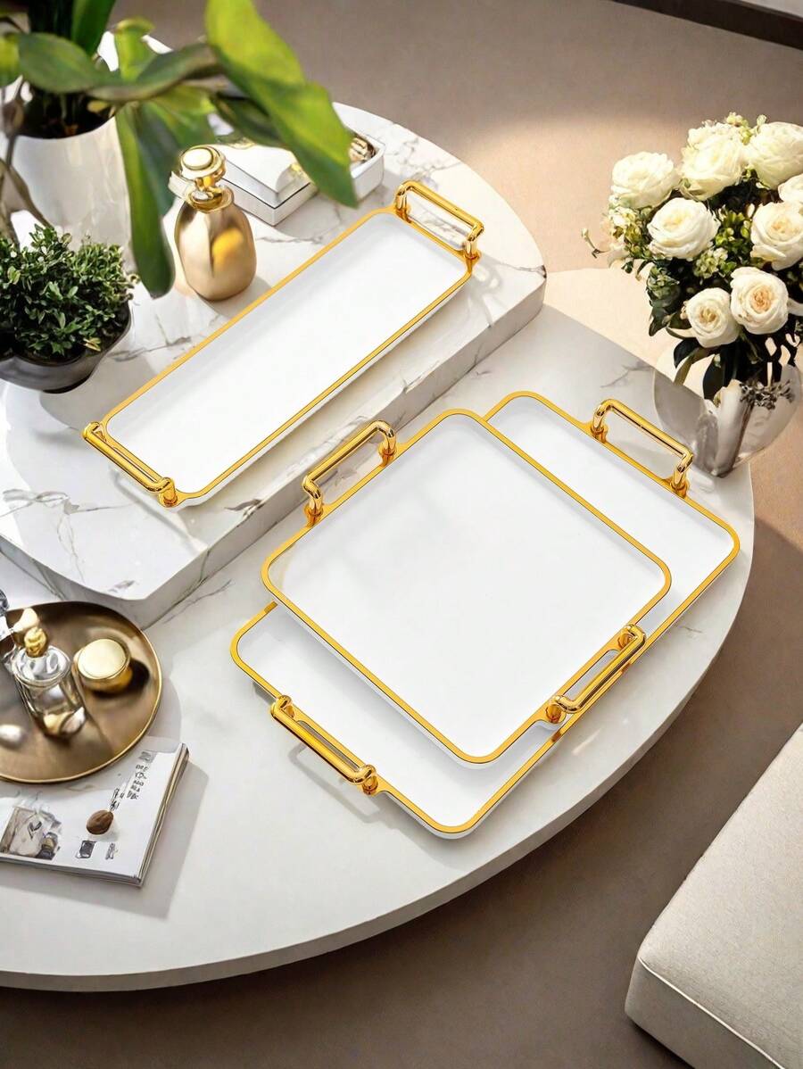 1pc Elegant Gold-Rimmed PS Plastic Tray Set - Multipurpose Rectangular Trays Suitable For Kitchen, Dining Room, Living Room - Great For Tea, Snacks, Candy, Bread - Perfect For Weddings, Gifts, Birthday Events