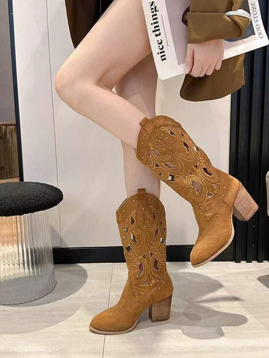 Autumn And Winter Hollow Embroidery Western Cowboy Boots Retro Style High Heel Thick Heel Mid-Calf Boots Women'S Long Boots
