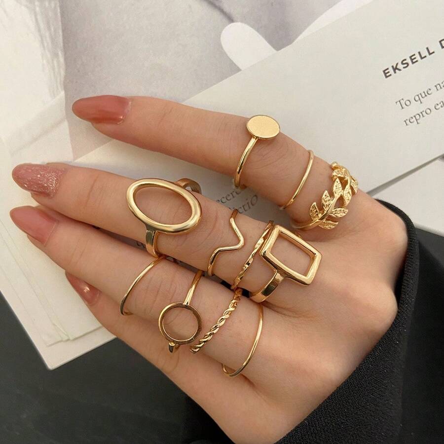 11 pièces/Set Bague de réunion à motif de feuille d'arbre géométrique, bijoux de style créatif et unique pour femmes élégantes