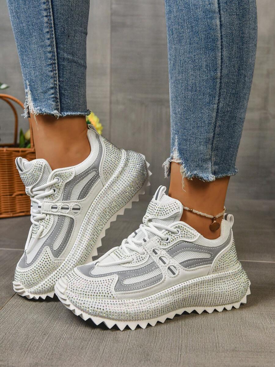 Women's Colorblock Mesh Breathable Anti-Slip Rhinestone Platform Cleated Sole Sneakers, Unique Design Element, Casual Sports Shoes, Fashion & Comfortable, Versatile, Suitable For All Seasons, Retro Sporty Style