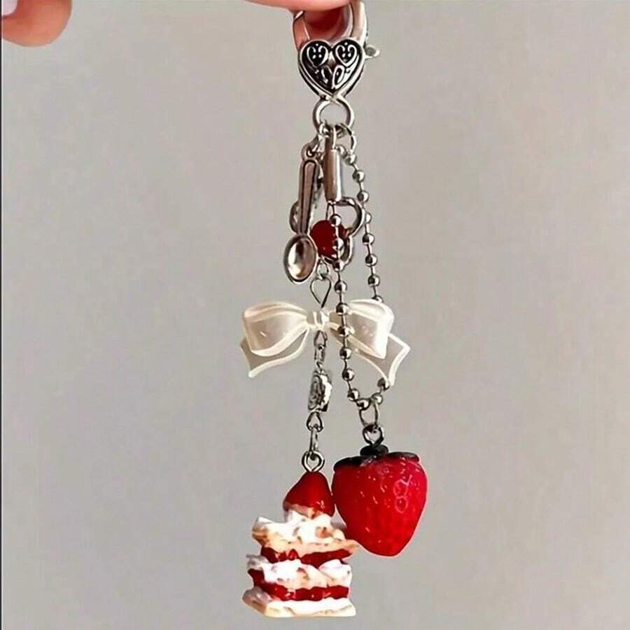 Y2K Crystal Glaze Cake Charm, Gold Heart Shape Buckle Bow Decor, Strawberry Lover Lady Bag Charm/Accessory