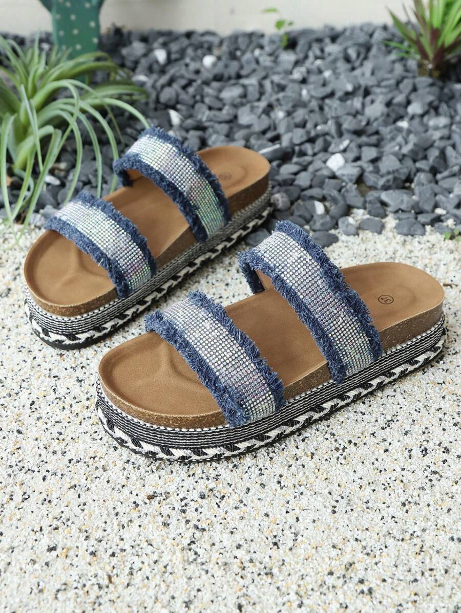 2025 Summer New Cross-Border Chunky Platform Dual-Buckle Rhinestone Soft Cork Slide Sandals For Plus Size Women