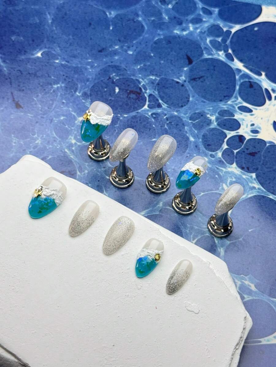 10 Unhas Curtas em Formato de Amêndoa, Design Romântico de Oceano, Estrela-do-mar 3D, Ondas de Oceano Simuladas, Unhas Clássicas Feitas por Mulheres e Meninas, com 1 Gel e 1 Lixa