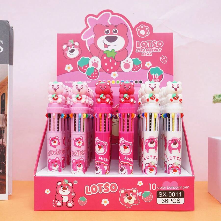 Disney 3pcs Disney Genuine Authorized SX-011 Strawberry Bear Ten Color Ballpoint Pen, Cartoon Kapibala Press Pen, Color Pen, Ballpoint Pen