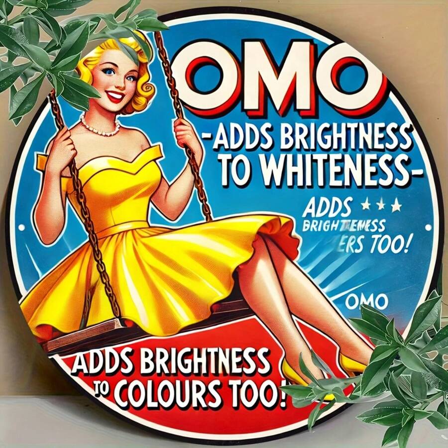 2D Flat - 1 Piece Vintage OMO Metal Sign, 8.0x8.0 Inch Round Retro Iron Plate, 1950s Advertising Element, Nostalgic Home Decor For Kitchen, Bathroom, Laundry Room, Dining Room, Bar, Cafe - Classic Distressed Yellow, No Electricity Needed, Rustic Decor | Vintage Metal Sign | Bold Font, Metal Wall Art Decor, Random Hole Style