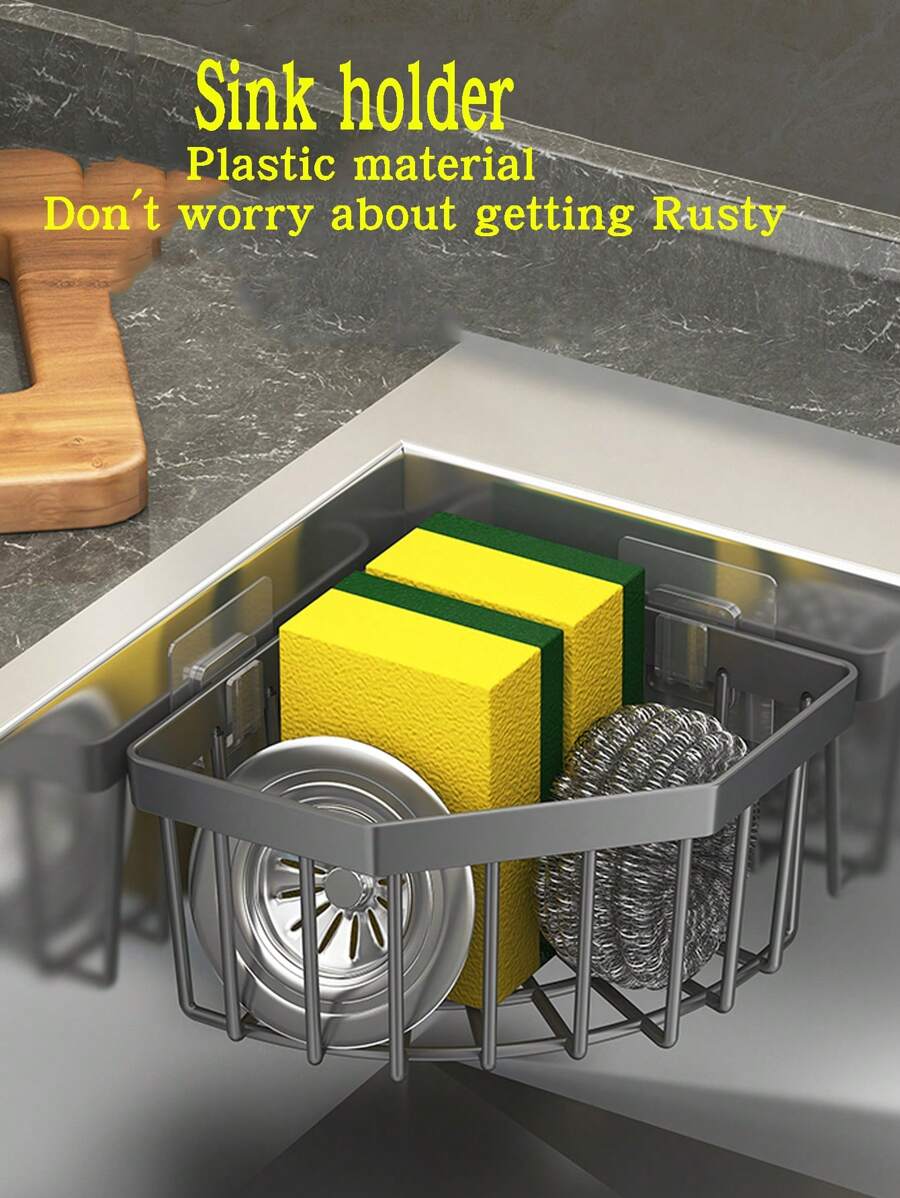 1 Pezzo Organizer per lavandino, porta sapone, tappo dello scarico, portaspugna, cestino portaoggetti multifunzione anti-ruggine, mensola da parete per cucina e bagno, colore nero/grigio