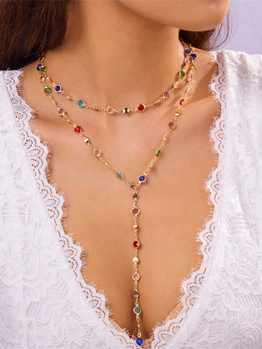 1pc Fashionable Personalized Multi-Color Zirconia Oval Metal Chain Y-Necklace, Suitable For Travel, Dating, Party And Daily Wear (Chain & Stone Color Are Random)