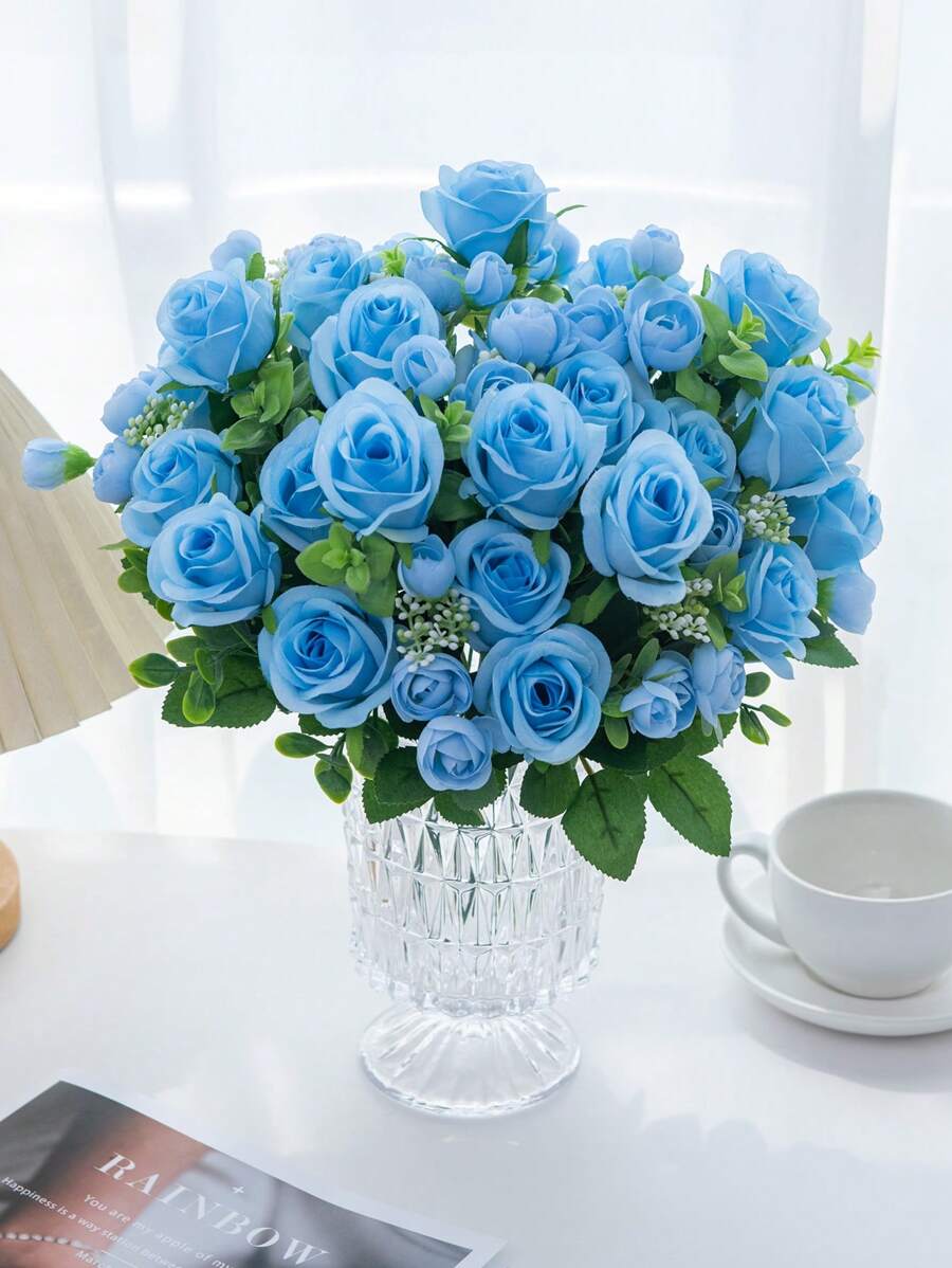 2Pcs/1Pc/Bunch Artificial Roses Flowers 13" Plastic Eucalyptus Bouquet Autumn Decorations Blue Artificial Flower Fake Plants Valentine's Day Vase For Home Wedding Decor Outdoor Garden Wedding Bouquet Living Room DIY Garland Household Products