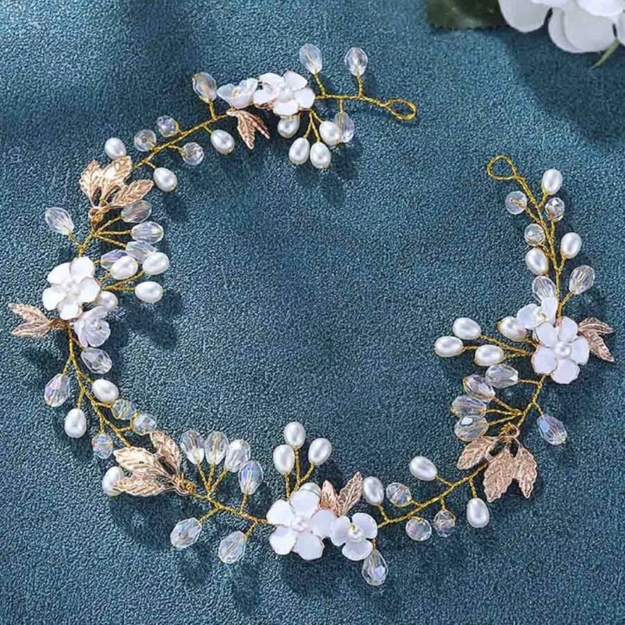 1 Stück Braut Hochzeit Haarreif aus Metall-legierung mit Blatt, Kristall, Muschel und Perle, eleganter Prinzessinen-Stil Hochzeit Haaraccessoire, geeignet für Hochzeit, Abschluss, Geburtstag, Erwachsenen-Party, Prinzessinen-Party