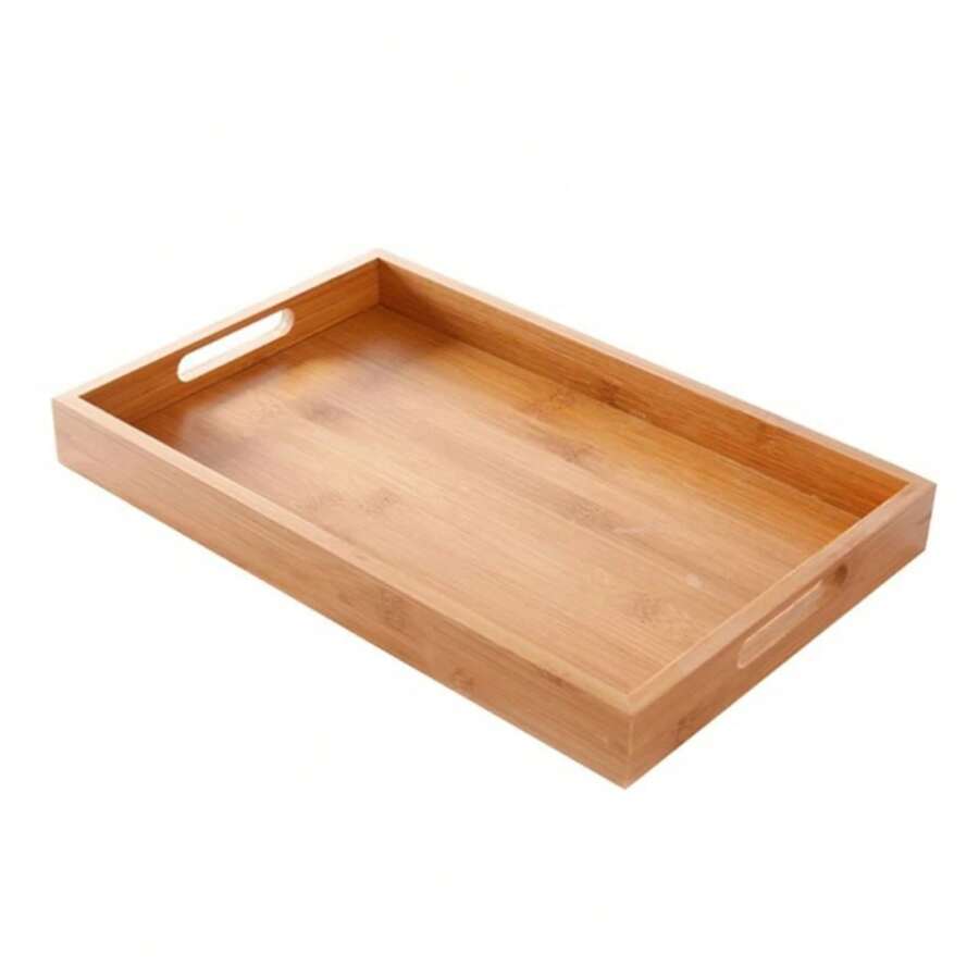 Wide Bamboo Organizer Tray Storage Bin With Handles For Cutlery Serving Spoons Cooking Utensils Teapot Teacup