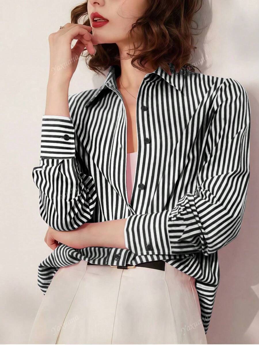 Camisa suelta elegante a rayas, blusa de manga larga con bordado de letra de viajero, para primavera/verano/otoño