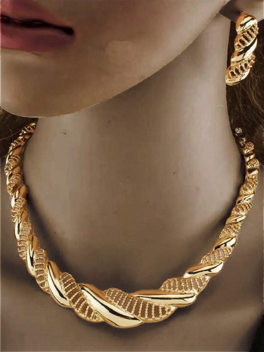 3pcs/Set Elegant Fashionable Gold Leaf Hollow Necklace & Earring Jewelry Set, Suitable For Christmas, Valentine's Day, Mother's Day, Thanksgiving, Teacher's Day, Wedding Anniversary, Wedding Party, Bride Jewelry