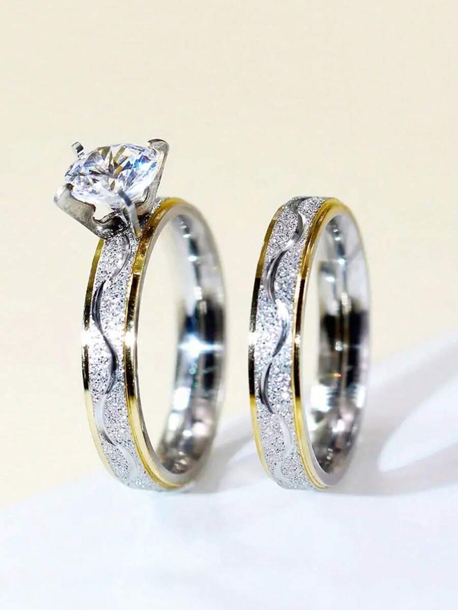 2pcs Stainless Steel Couple Rings, Fashionable European And American Style Diamond Rings, Sandblasted Stainless Steel Rings With Cubic Zirconia, Wedding Rings, Valentine's Day Gifts