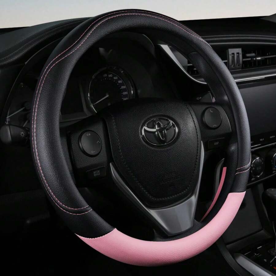 PU Leather Contrast Colour Car Steering Wheel Cover Sweat Absorbent, Wear Resistant And Non-Slip, Universal In All Seasons