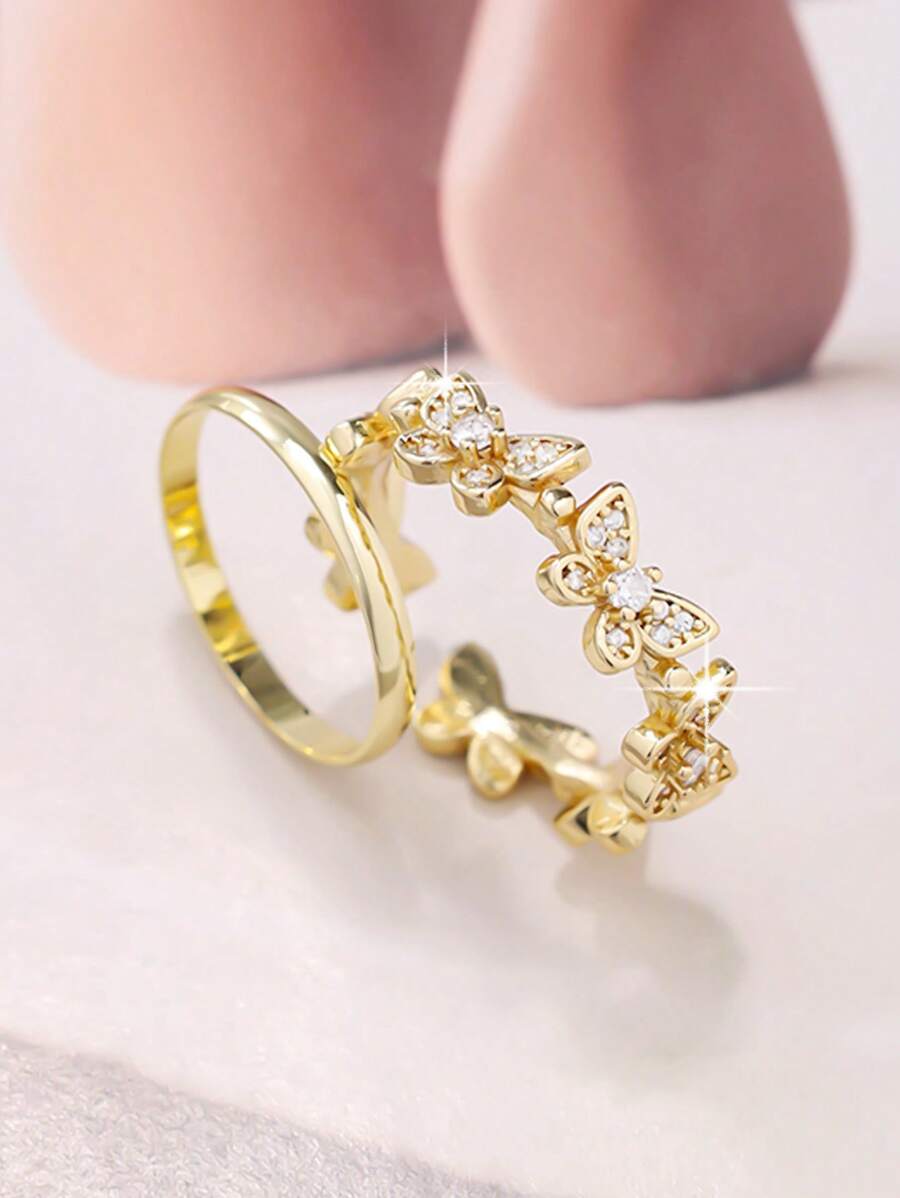 2pcs Glamorous Elegant Cute Sparkling Butterfly Ring Set, Suitable For Women Daily Wear, Birthday Party Gift