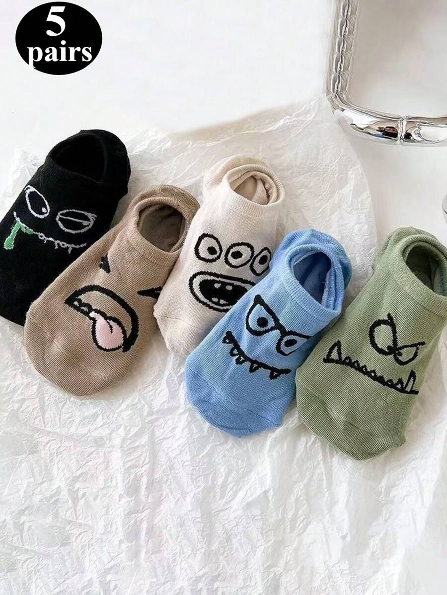 5 Pairs Women Cartoon Expressive Graphic Casual Short Socks, Summer Thin Silicone Anti-Slip Invisible Ankle Socks