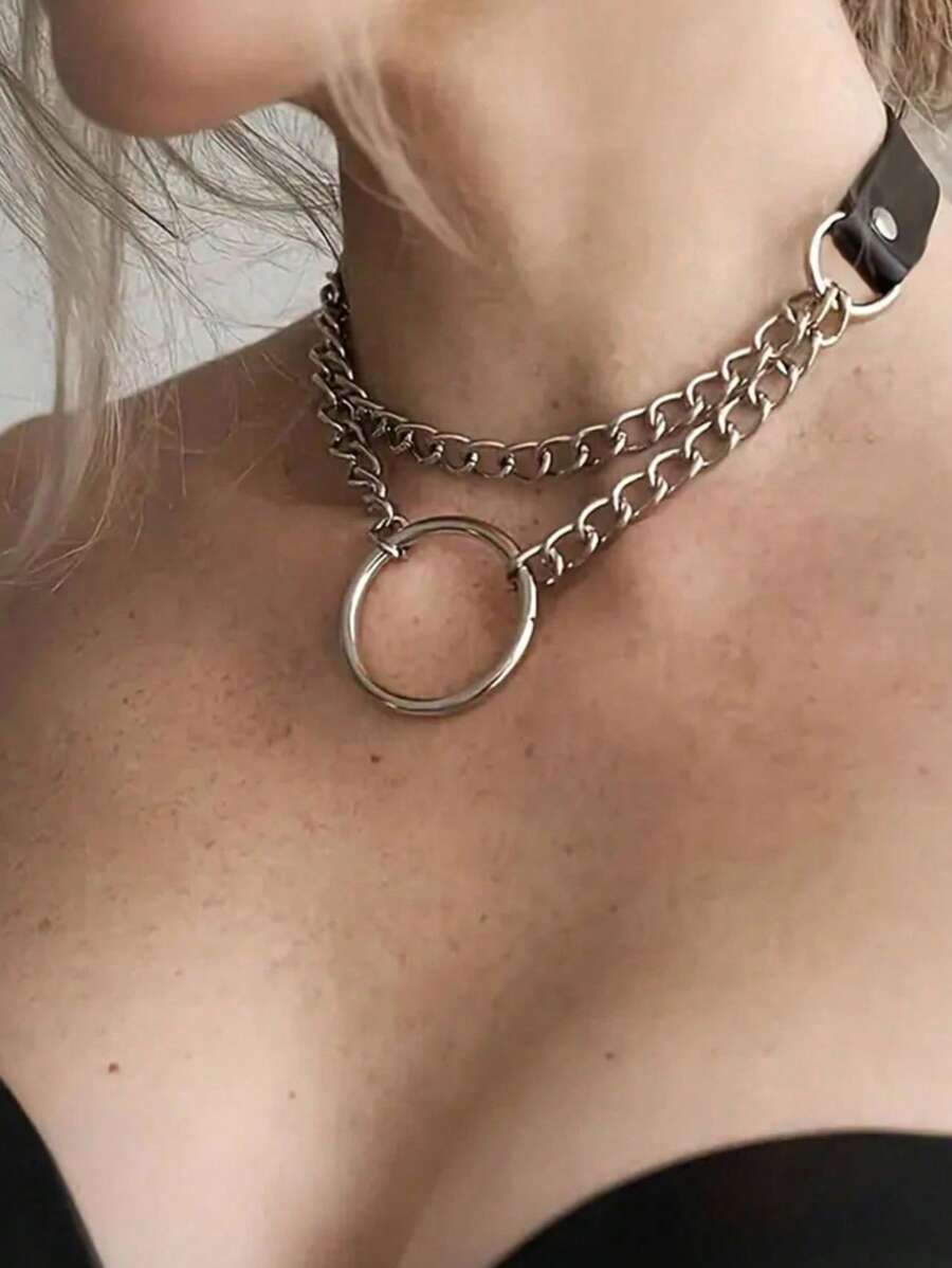 1 pieza Gargantilla con cadena metálica y círculo, accesorios de lencería con estilo gótico punk de moda Y2K, adecuado para todas las ocasiones.