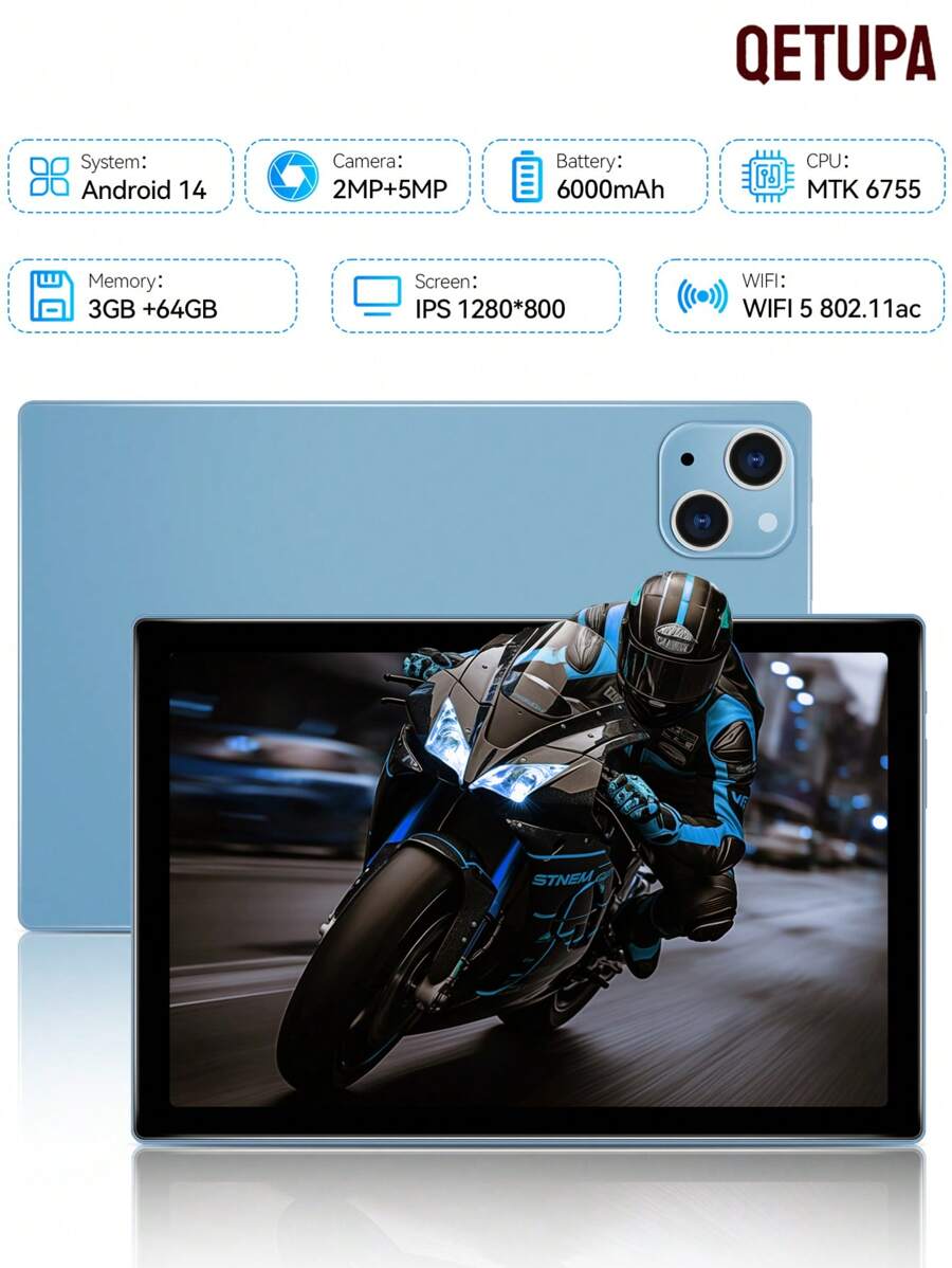 Qetupa Tablette Android 14 de 10,1" M19, 3 Go de RAM + 64 Go de ROM, processeur quadricœur MTK 6755 cadencé à 1,3 GHz, écran tactile HD (1280x800) IPS, Bluetooth 5.2 et WiFi 802.11ac, GPS, caméra avant 2 MP et caméra arrière 5 MP, batterie grande capacité de 6 000 mAh, sans prise en charge de carte SIM
