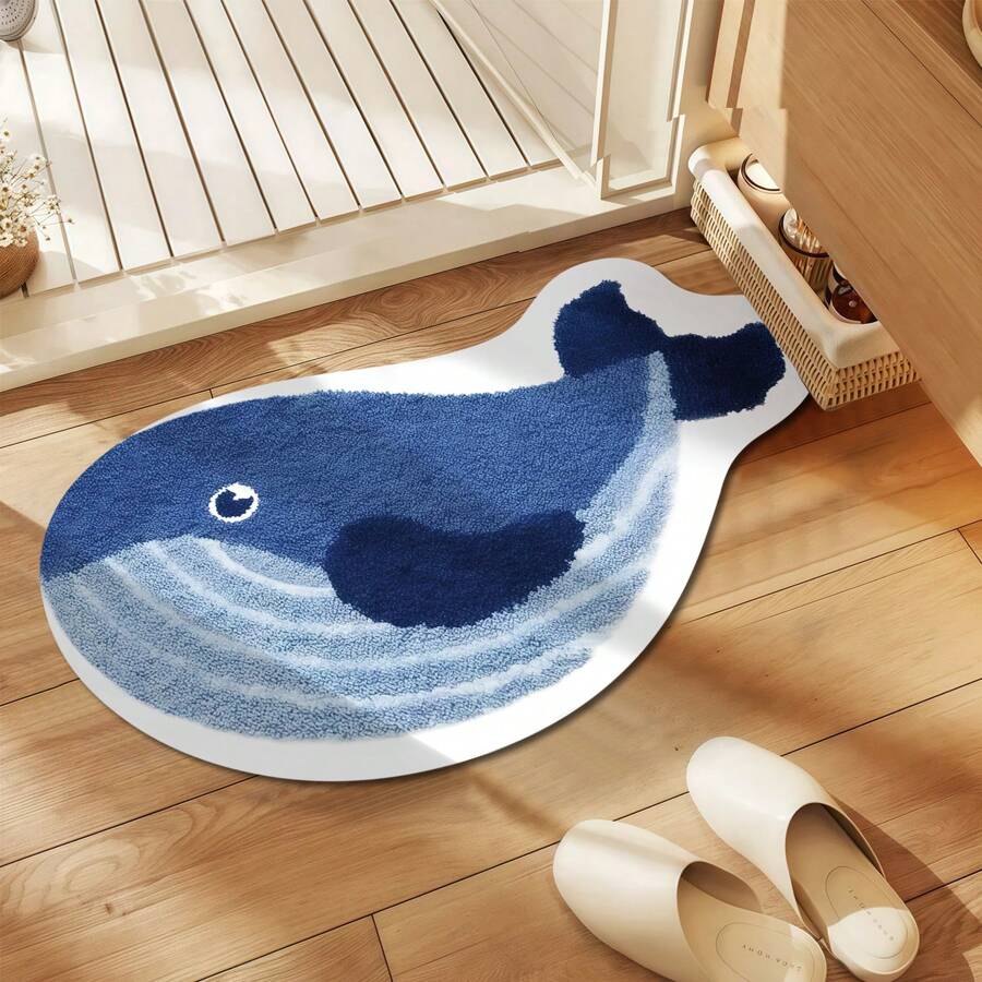 1 Piece Fine Yarn Imitation Cashmere Material Whale Shape Bathroom Rug, Soft And Comfortable, Rubber Non-Slip Backing, Suitable For All Seasons Indoor, Kitchen, Bedroom, Bathroom Decoration, Cartoon Whale Pattern Printing, Machine Washable Rug, Exquisite Gift, Holiday Decoration, Perfect For Decorating Your Home!