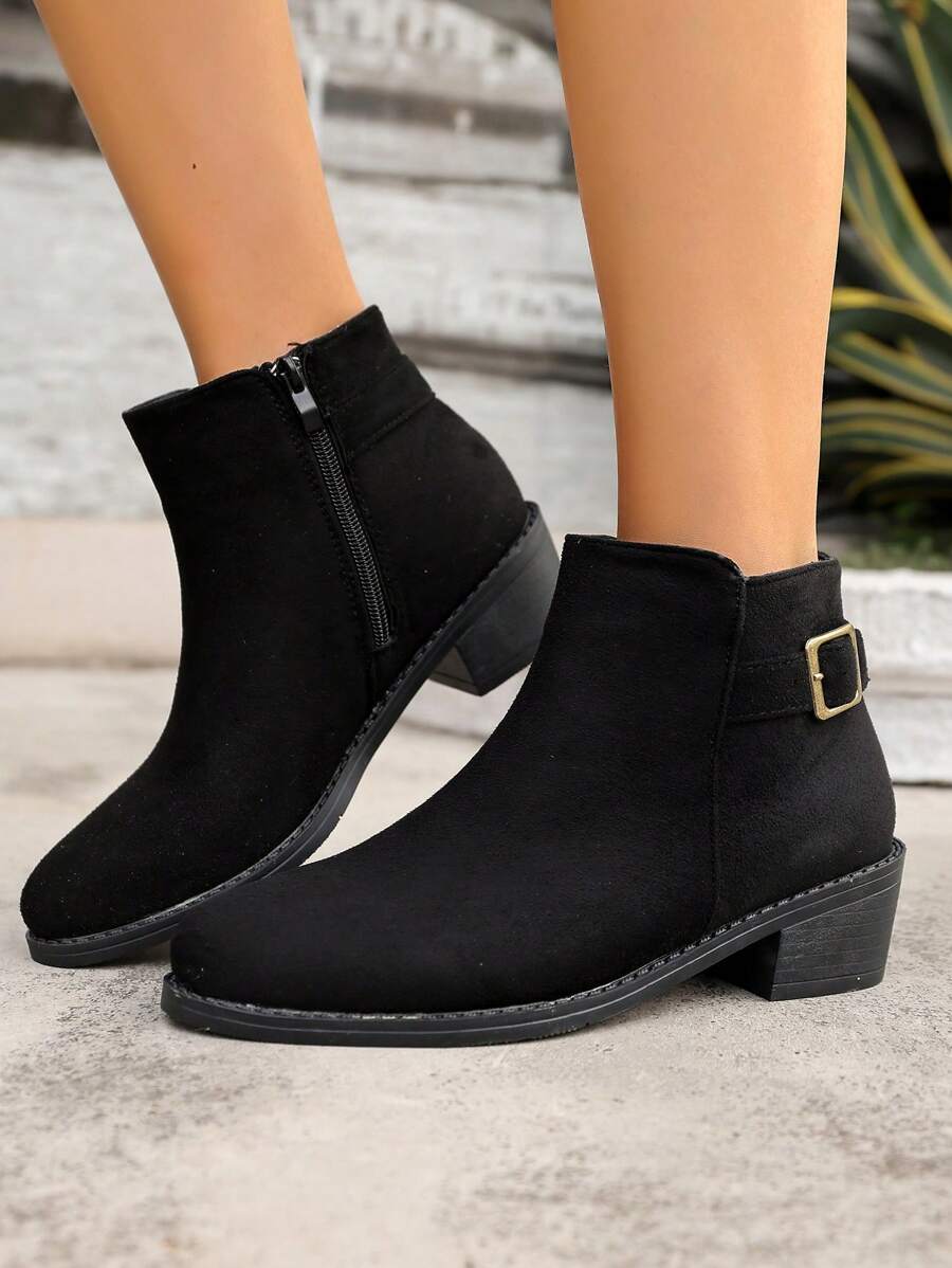 Neue Damen Ankle Boots für Herbst/Winter, modische vielseitige mittlere Absätze rutschfeste flache Reißverschluss sexy Schnallen Schuhe