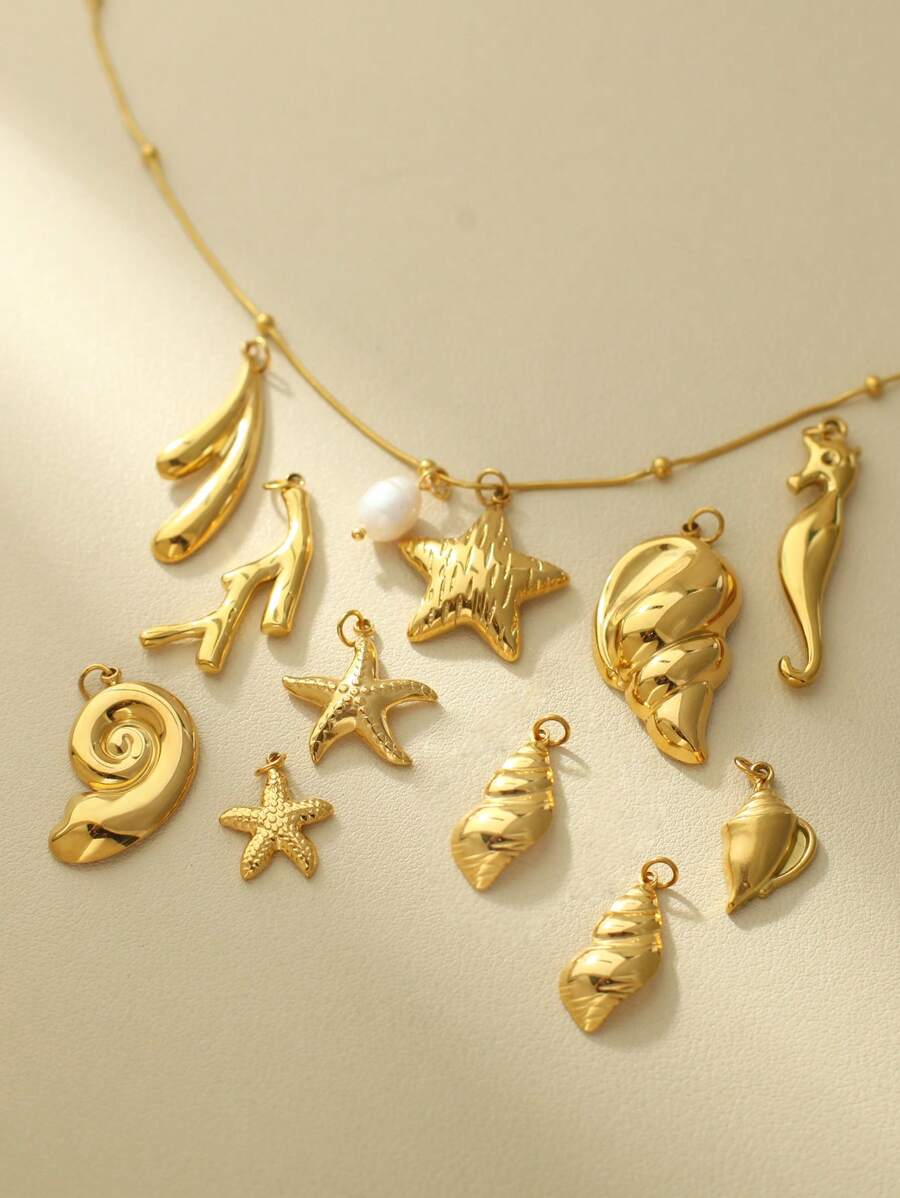 1 Piece Of Stainless Steel Ocean Series Pendant, Conch Shell, Starfish, Turtle Fish, Seahorse Pendant Necklace, Beach Vacation Party Unisex Jewelry Necklace. The Number Of Beads On The Necklace Is Random