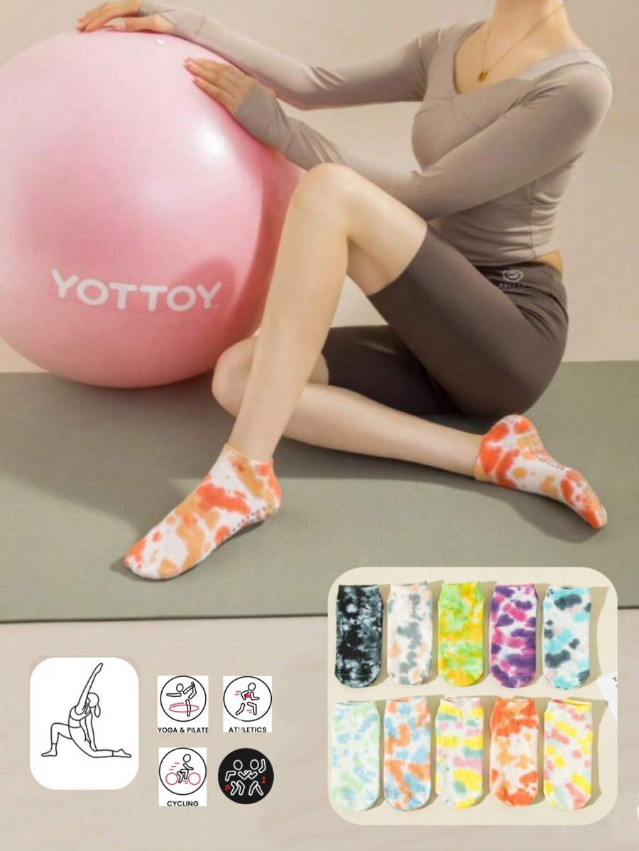 1 paire de chaussettes de yoga court effet tie-dye, chaussettes de sport professionnelles respirantes antidérapantes avec silicone, chaussettes de Pilates, convenant pour la fitness, le yoga, le Pilates, la danse, le cyclisme, la course et autres sports
