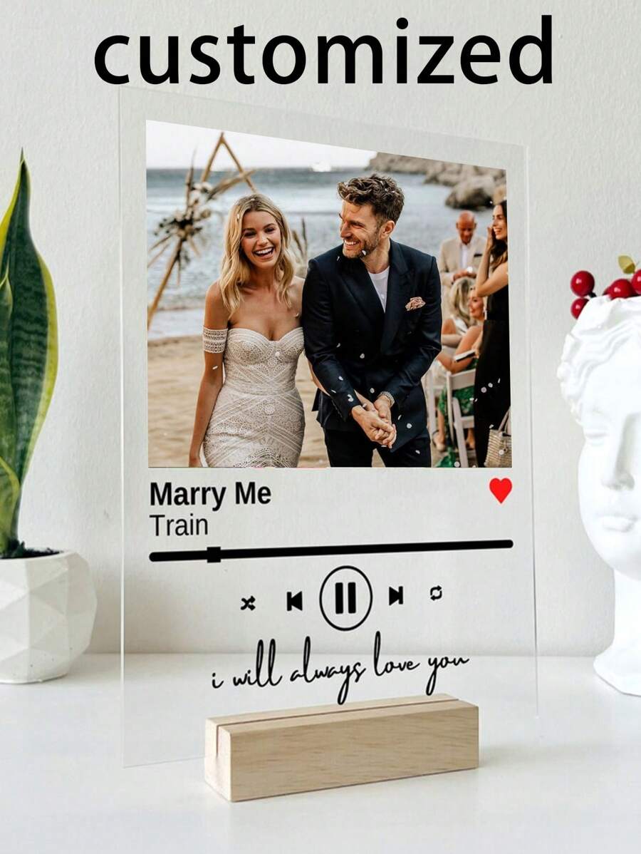 1 Placa de acrílico personalizada con foto de pareja, tamaño 4.72 X 6.29 pulgadas, con base de madera, perfecta para exhibir en el dormitorio, ideal para parejas, recién casados, aniversarios, regalos del Día de San Valentín