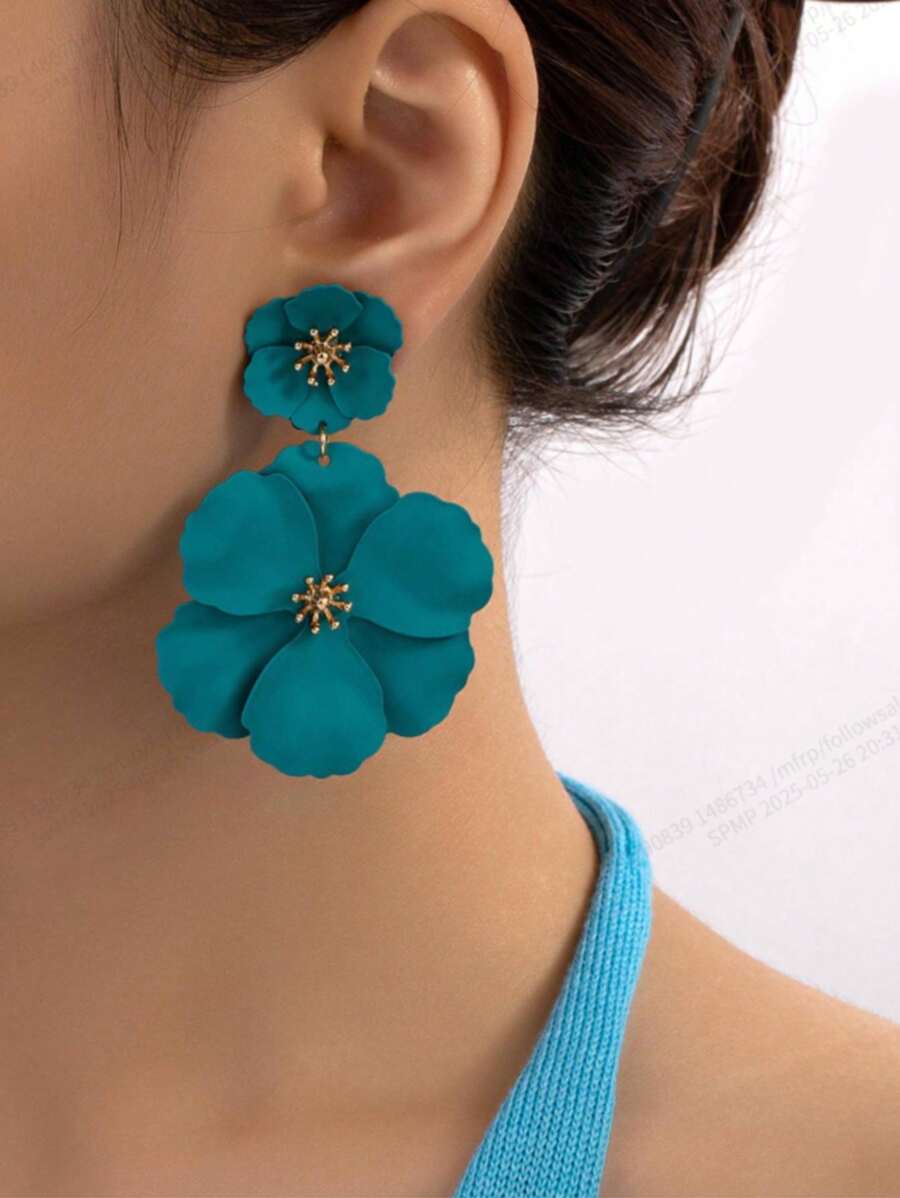 1 par de pendientes colgantes de metal asimétricos con diseño de flores multicapa y coloridas, regalo ideal para citas