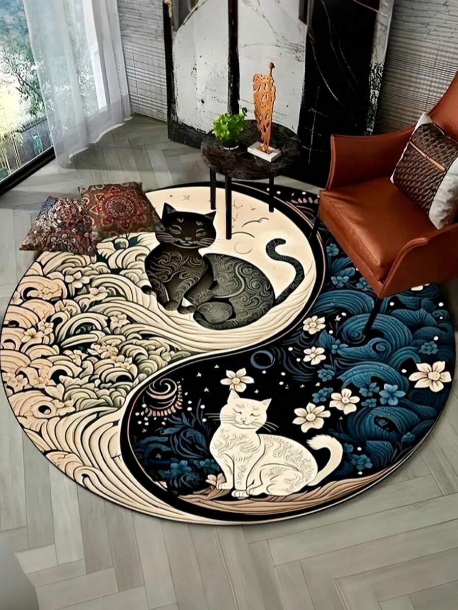 1 pièce Tapis de sol rond motif chat Yin Yang doux - lavable en machine, pour la décoration intérieure du salon et de la chambre à coucher, thème des fêtes, décoration de chambre, décoration de pièce, petit tapis, couverture, tapis d'extérieur, tapis de jardin, tapis de salon
