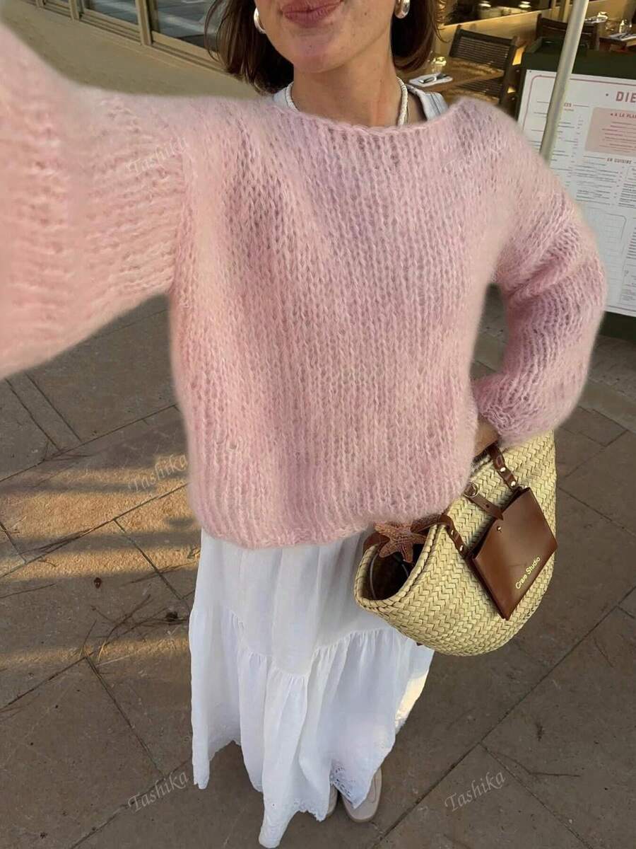 Women's Casual Loose Solid Color Lantern Sleeve Design Sweater, Suitable For Home, Daily, Travel, Autumn/Winter