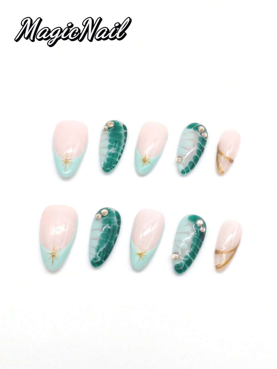 10 Pieces Of Pure Hand-Pressed Wearable Nails,Press On Nails,Nail Supplies,Nails Ptess On,Beach Essentials, 25mm-Length Nail Pieces, Pink White Pink Contrasting Pink Glitter Pink Drawing Convex Shape, Hand-Kneaded Raised Flowers Pink Drawing Golden Small Ball Stamens, Hand-Painted White Lines, Spring And Summer Style, Cute Nail Pieces. Suitable For Daily Leisure And Vacation Wear.
