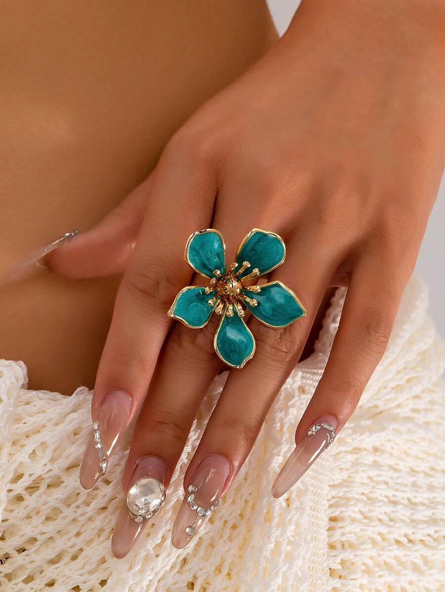 1 Pc Exquisite Elegant Blue Color Enameled Flower Ring, Women Floral Statement Rings Jewelry, Vacation Style Bohemia Boho Statement Ring Suitable For Daily Wear, Dating, Party