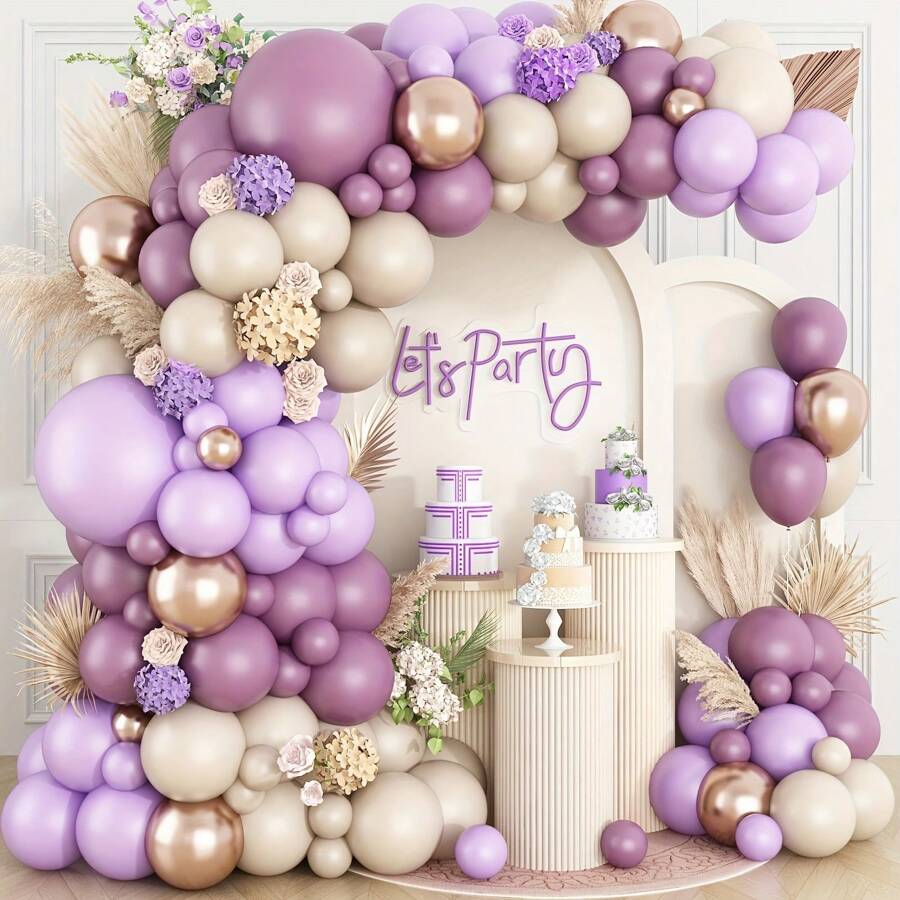 110pcs Purple Balloon Arch Set, Boho Balloon Garland With Purple, Metallic Gold, White Balloons For Wedding Shower, Engagement, Bride, Birthday, Party Decor