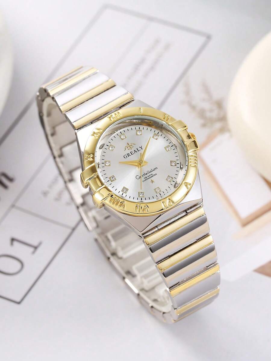 1 pieza Reloj de cuarzo de acero inoxidable con diamantes de imitación, de mujer, de moda, minimalista y versátil de lujo