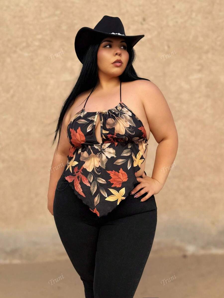 Truni Plus Size Halter Backless Tie Strap Autumn Maple Leaf Print Halter Top, For Summer