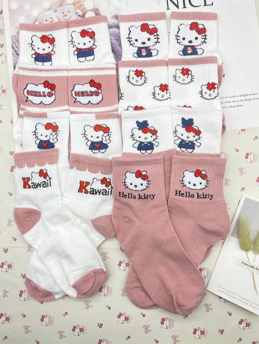 Sanrio 1/2/4/8Pairs Sanrio Random Shipping Sanrio Hello Kitty Kuromi Melody Cartoon Anime Pattern Children's Mid-Length Socks,Spring And Summer Sports Socks, Breathable, Odor Proof, And Sweat Absorbing Socks Suitable For Ages 9-25.